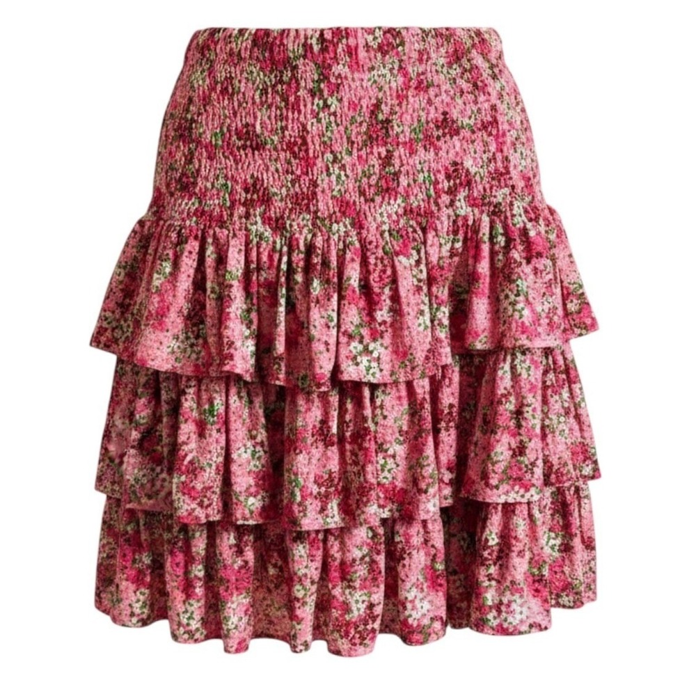 Michael Kors Tiered Skirt Sz M Pink Floral Smocked Ruffle‎ Mini Boho Summer
